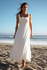 White Chiffon Square Neck A Line Long Wedding Reception Dress