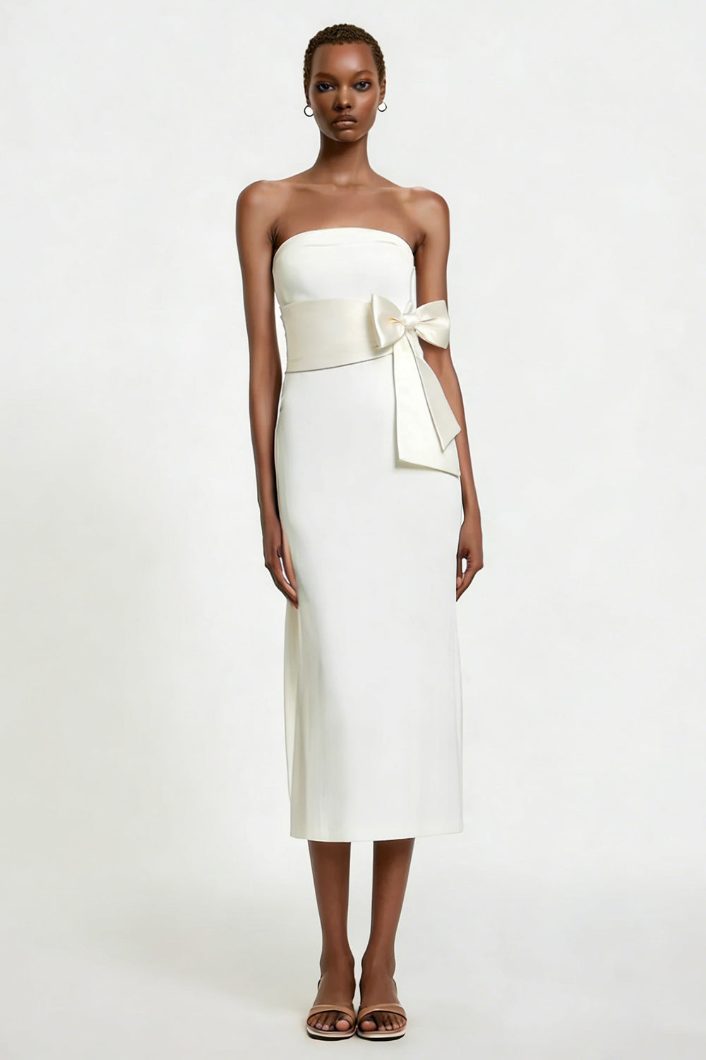 White Strapless Sheath Satin Midi Engagement Dress with Bow