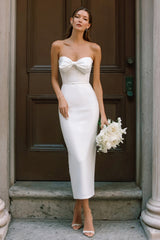 White Strapless Bodycon Midi Engagement Dress with Bow