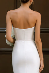White Strapless Bodycon Midi Engagement Dress with Bow