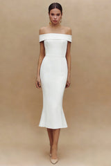 White Mermaid Off the Shoulder Midi Engagement Dress