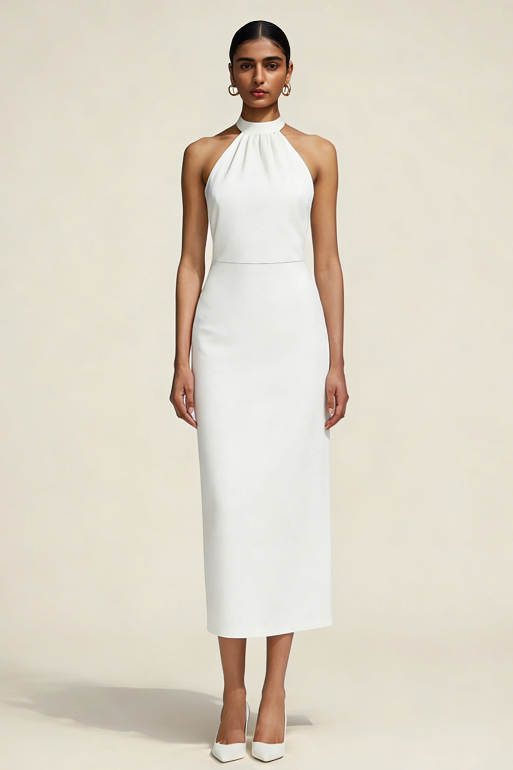 Simple White Sheath Satin Halter Midi Engagement Dress