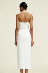 Simple White Sheath Satin Halter Midi Engagement Dress