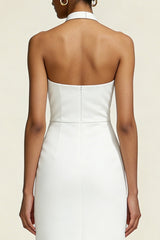 Simple White Sheath Satin Halter Midi Engagement Dress