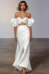 White Sheath Puff Sleeves Satin Long Engagement Dress