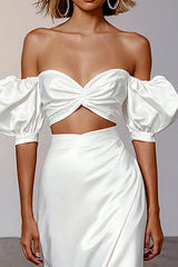 White Sheath Puff Sleeves Satin Long Engagement Dress