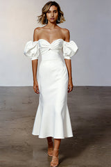 White Puff Sleeves Satin Off the Shoulder Midi Engagement Dress