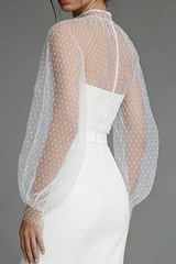 Ivory Sheath Puff Sleeves Midi Engagement Dress