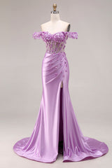 Purple Floral Mermaid Off the Shoulder Long Corset Prom Dress with 3D Flowers