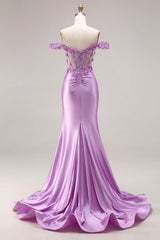 Purple Floral Mermaid Off the Shoulder Long Corset Prom Dress with 3D Flowers