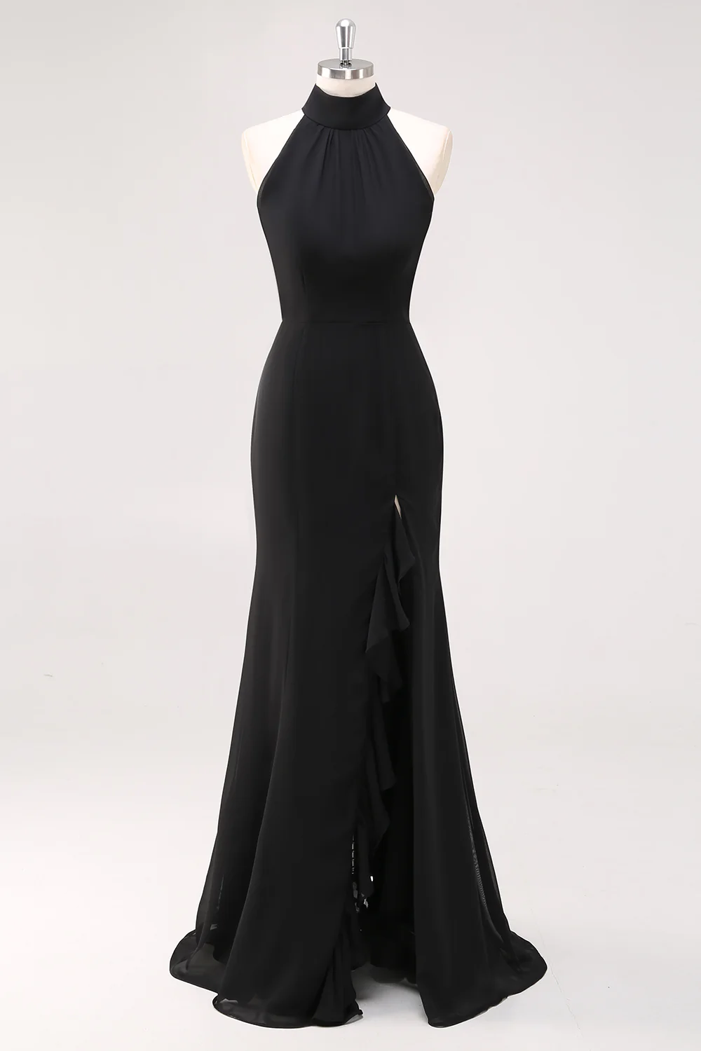 Black Mermaid Halter Neck Ruffled Long Formal Dress with Slit