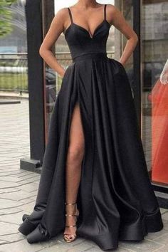 Black Spaghetti Straps Split Satin Prom A Line Simple Long Formal Dress