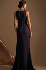 Simple Black Sheath Satin Boat Neck Long Evening Dress