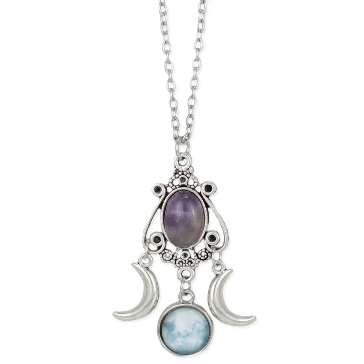 Mystic Moon Silver Amethyst Necklace Boho Rustic Gemstone Crystal