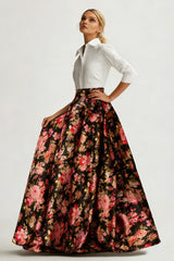 Black and White Pink Floral Collar Neck A Line Long Wedding Guest Dress with Sleeves