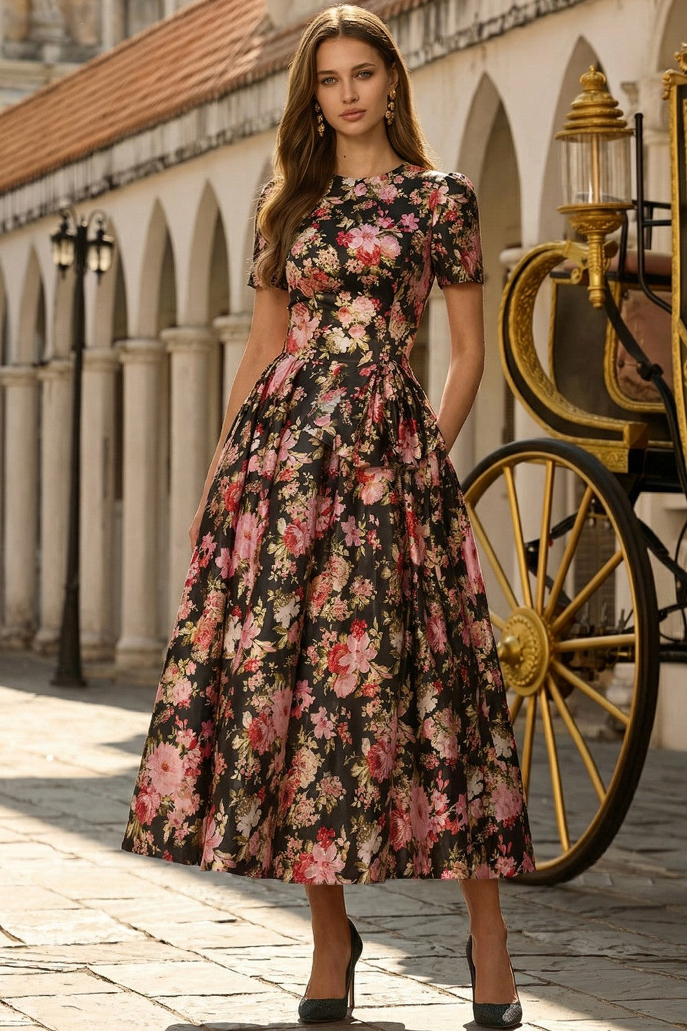 Floral Black and Pink A Line Round Neck Long Prom Dress with Sleeves