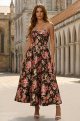 Floral Black and Pink A Line Sweetheart Long Prom Dress with Pearls
