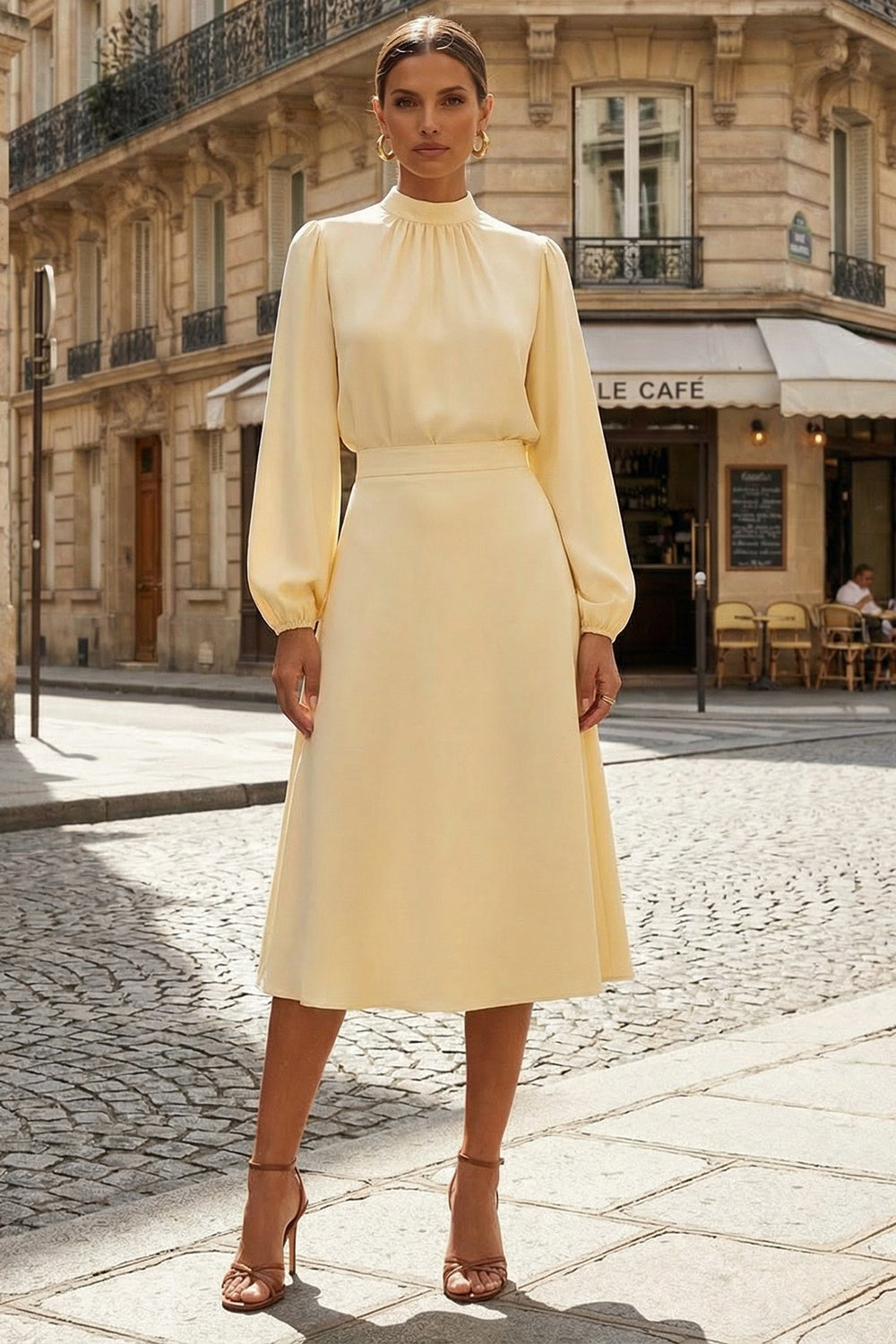 Daffodil Modest High Neck A Line Midi Work Dress with Sleeves