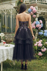 Black Sweetheart Floral A Line Tulle Maxi Wedding Guest Dress