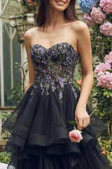 Black Sweetheart Floral A Line Tulle Maxi Wedding Guest Dress