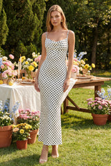 Black and White Dots Mermaid Spaghetti Straps Maxi Wedding Guest Dress