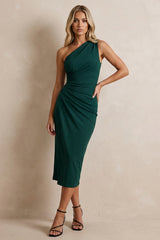 Dark Green One Shoulder Ruched Midi Pencil Work Dress