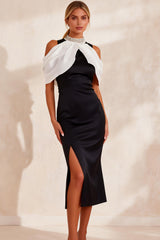 Black and White High Neck Cold Shoulder Sheath Midi Work Dress with Slit