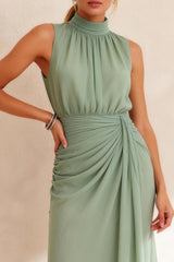 Sage Green Ruched Chiffon Sheath High Neck Midi Work Dress