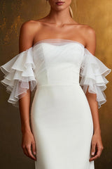 White Off The Shoulder Mermaid Ruffled Sleeves Sweep Train Wedding Dress