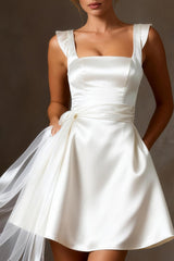 White Satin A Line Short Wedding Dress with Streamer