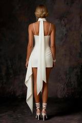 White Satin Corset Bodycon Ruched Short Wedding Dress with Streamer