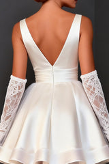 White Satin V Neck A Line Short Wedding Dress