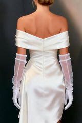 White Satin Ruched Bodycon Off The Shoulder Short Wedding Dress