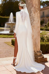 White Satin Keyhole Mermaid Long Sleeves Sweep Train Wedding Dress with Slit
