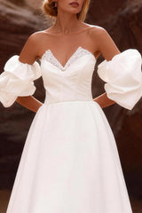 White Strapless A Line Corset Sweep Train Wedding Dress with Sleeves