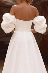 White Strapless A Line Corset Sweep Train Wedding Dress with Sleeves