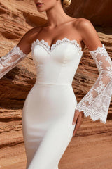 White Satin Mermaid Sweetheart Lace Sleeves Sweep Train Wedding Dress