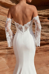 White Satin Mermaid Sweetheart Lace Sleeves Sweep Train Wedding Dress