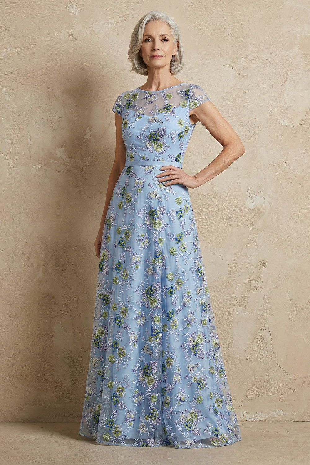 Floral Blue Round Neck A Line Long Mother of the Bride Dress with Appliques