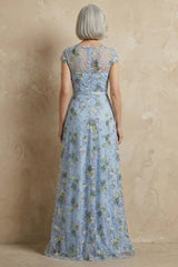 Floral Blue Round Neck A Line Long Mother of the Bride Dress with Appliques