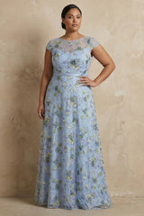 Floral Blue Round Neck A Line Long Mother of the Bride Dress with Appliques