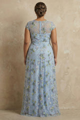 Floral Blue Round Neck A Line Long Mother of the Bride Dress with Appliques