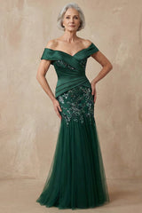 Sparkly Dark Green Floral Off the Shoulder Mermaid Long Mother of the Bride Dress with Appliques