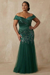 Sparkly Floral Dark Green Plus Size Off the Shoulder Long Mermaid Mother of the Bride Dress with Appliques