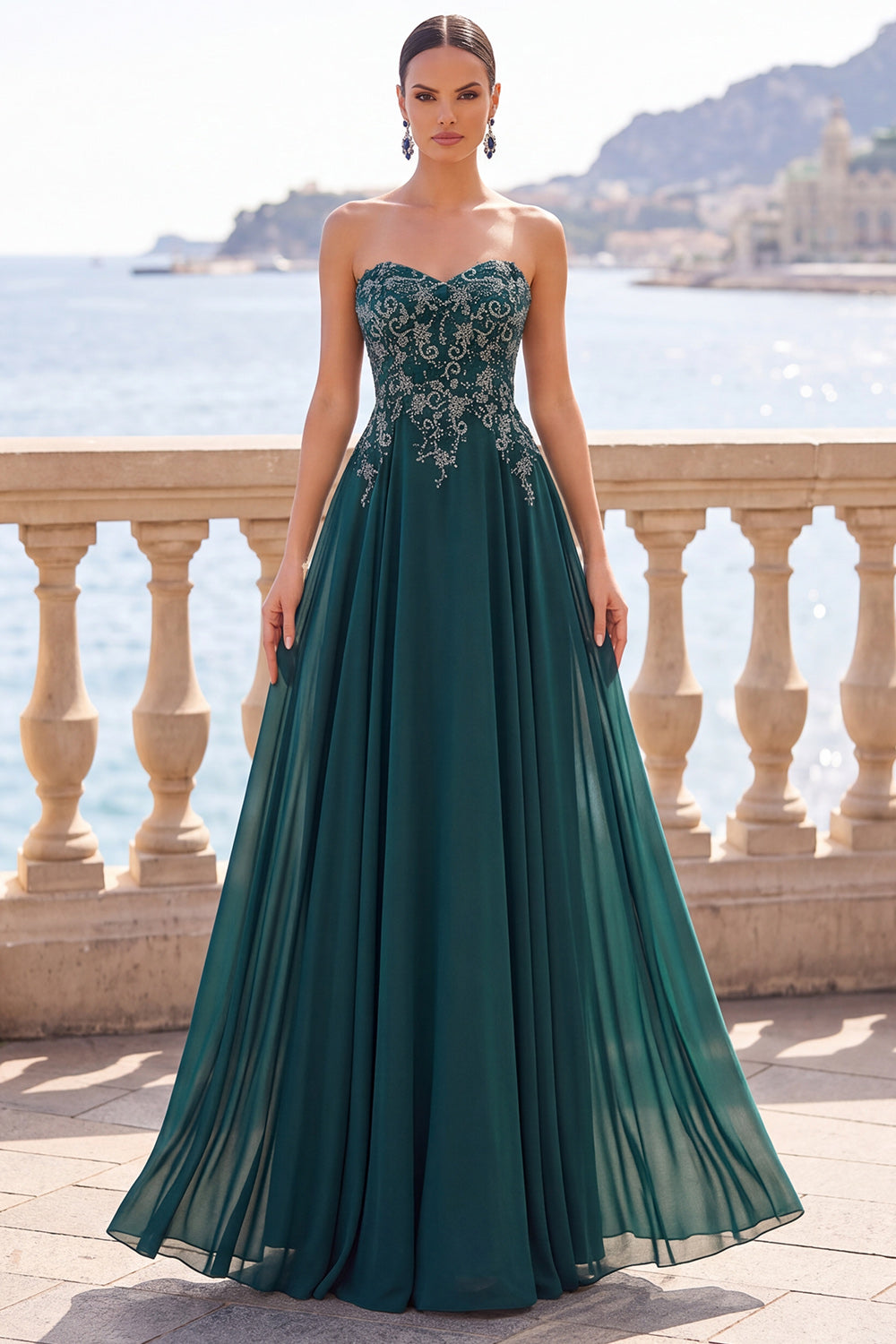 Sparkly Dark Green Beaded Strapless Long Mother of the Bride Dress