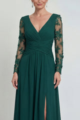 Dark Green Long A Line V Neck Mother of the Bride Dress with Sleeves