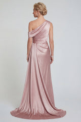 Blush Long One Shoulder Mermaid Mother of the Bride Dress with Side Cape