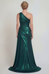 Dark Green Long Sheath One Shoulder Metallic Mother of the Bride Dress with Slit