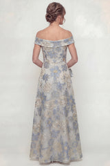 Dusty Blue Off the Shoulder Floral A Line Long Mother of the Bride Dress