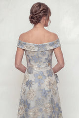 Dusty Blue Off the Shoulder Floral A Line Long Mother of the Bride Dress